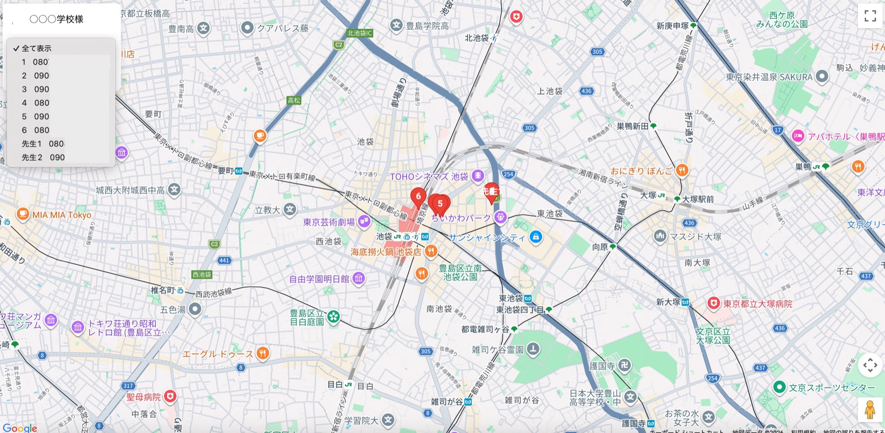 PinPointの位置情報確認画面。地図上で班や端末の現在位置を確認できる画面イメージ